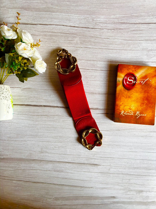Cherry Maroon elasticated waist belt with bold golden buckle for women