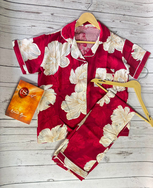 Cherry maroon cotton rayon button down pj set for women