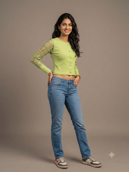 Short top with net sleeves in green colour