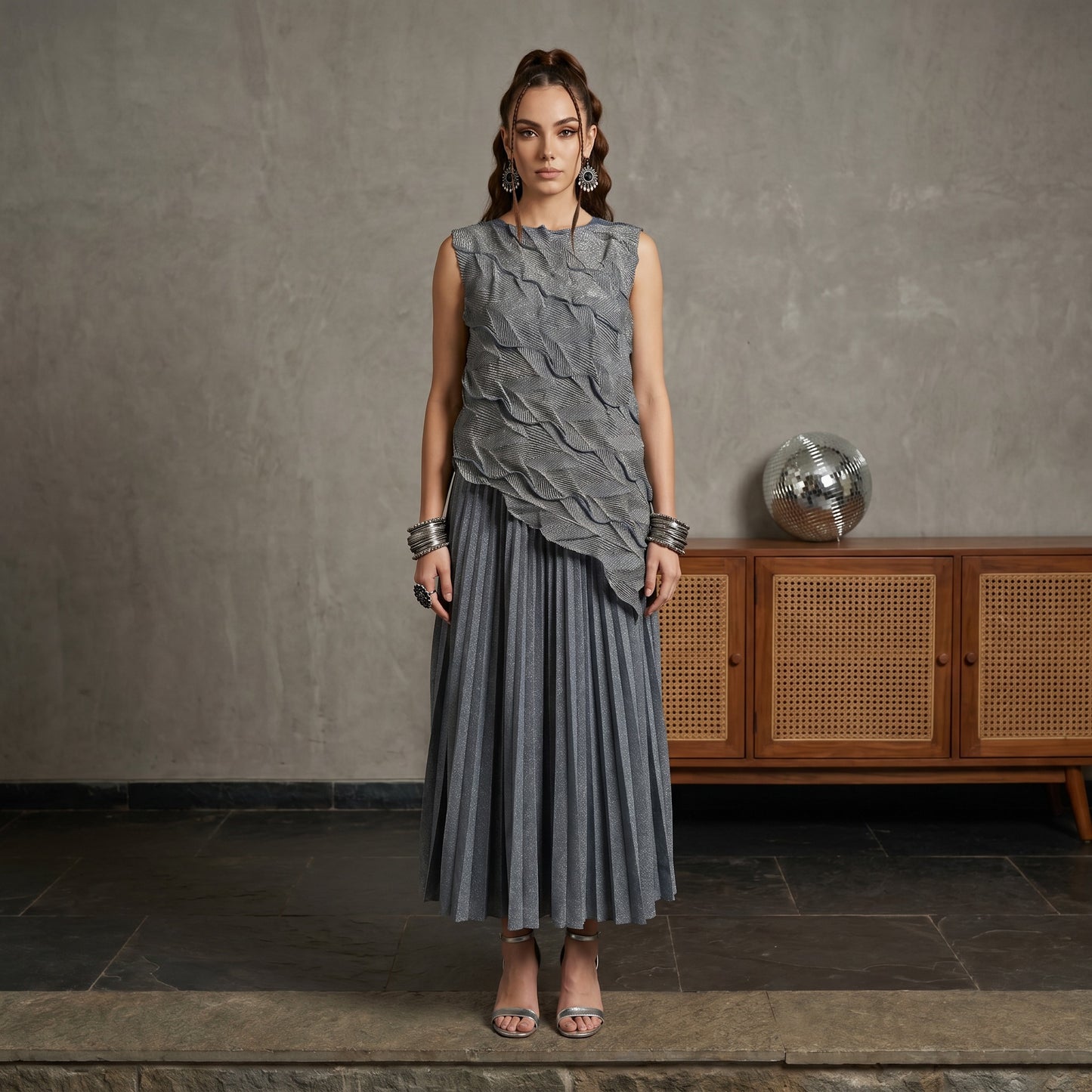 Shimmer Designer Korean Cord Set in Steel grey Shade