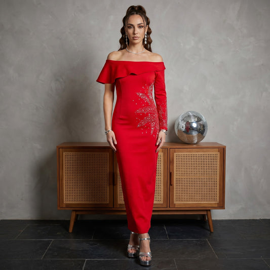 Stone Studded One Off shoulder Party Wear Dress