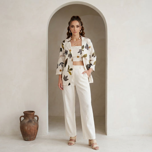 Woman in a floral jacket and white pants standing in an archway with a vase on the floor.
