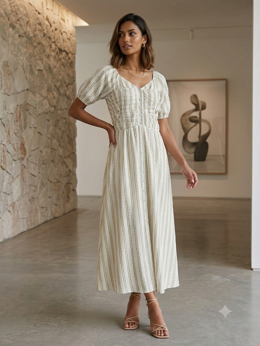 Ankle Length Smocked Dress- Brown