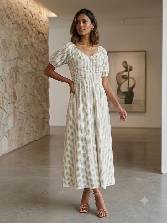 Ankle Length Smocked Dress- Brown