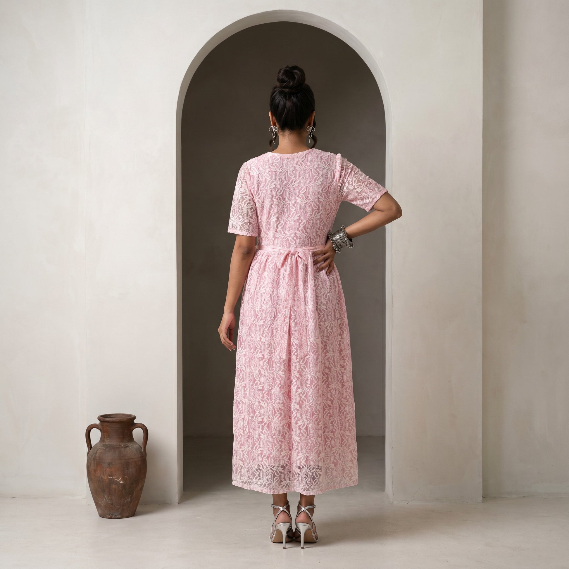 Ankle Length Soft Pink Net Dress - Back