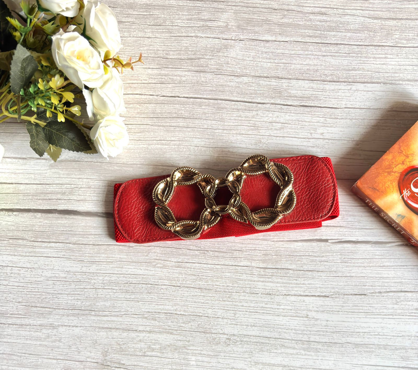 Cherry Maroon elasticated waist belt with bold golden buckle for women