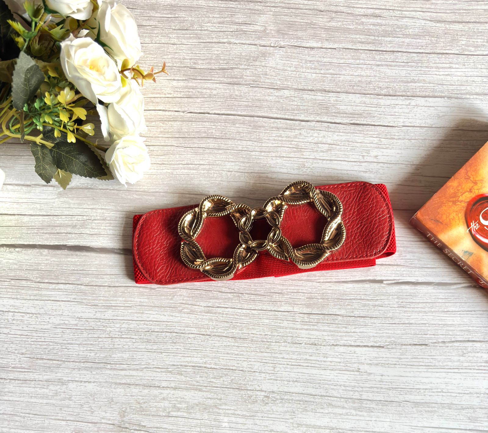 Cherry Maroon elasticated waist belt with bold golden buckle for women