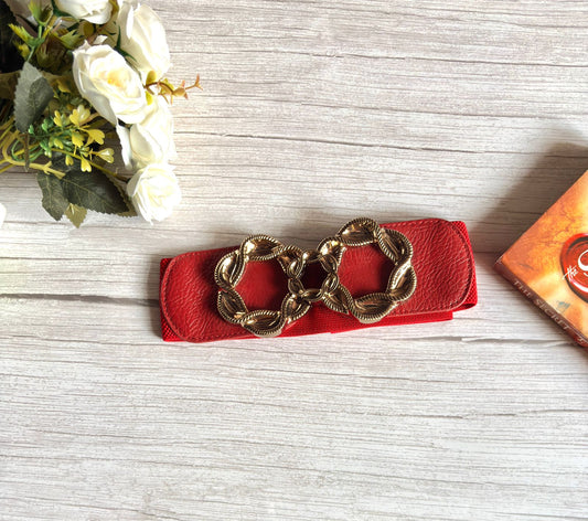 Cherry Maroon elasticated waist belt with bold golden buckle for women