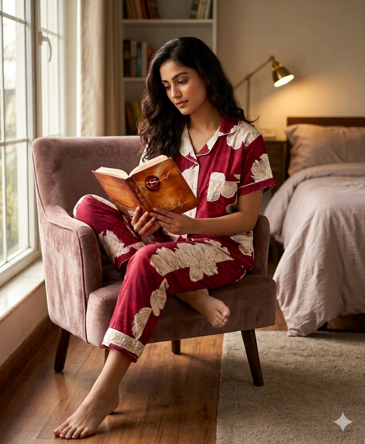 Cherry maroon cotton rayon button down pj set for women