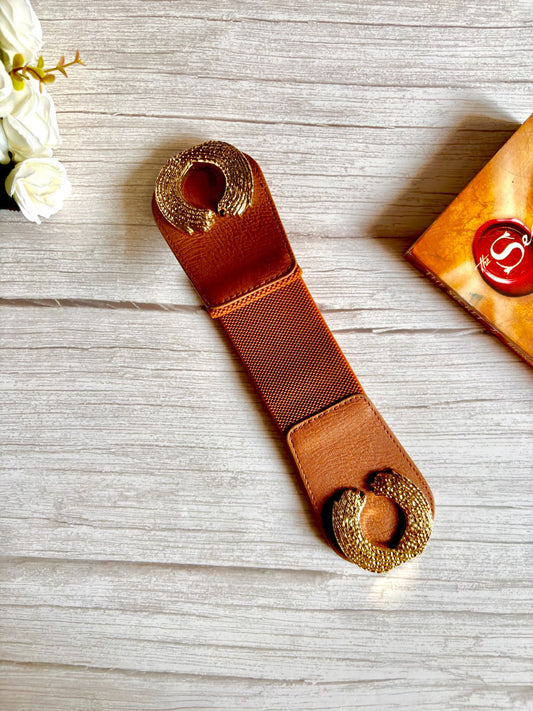Elascticated Waist belt in Brown colour with gold buckle