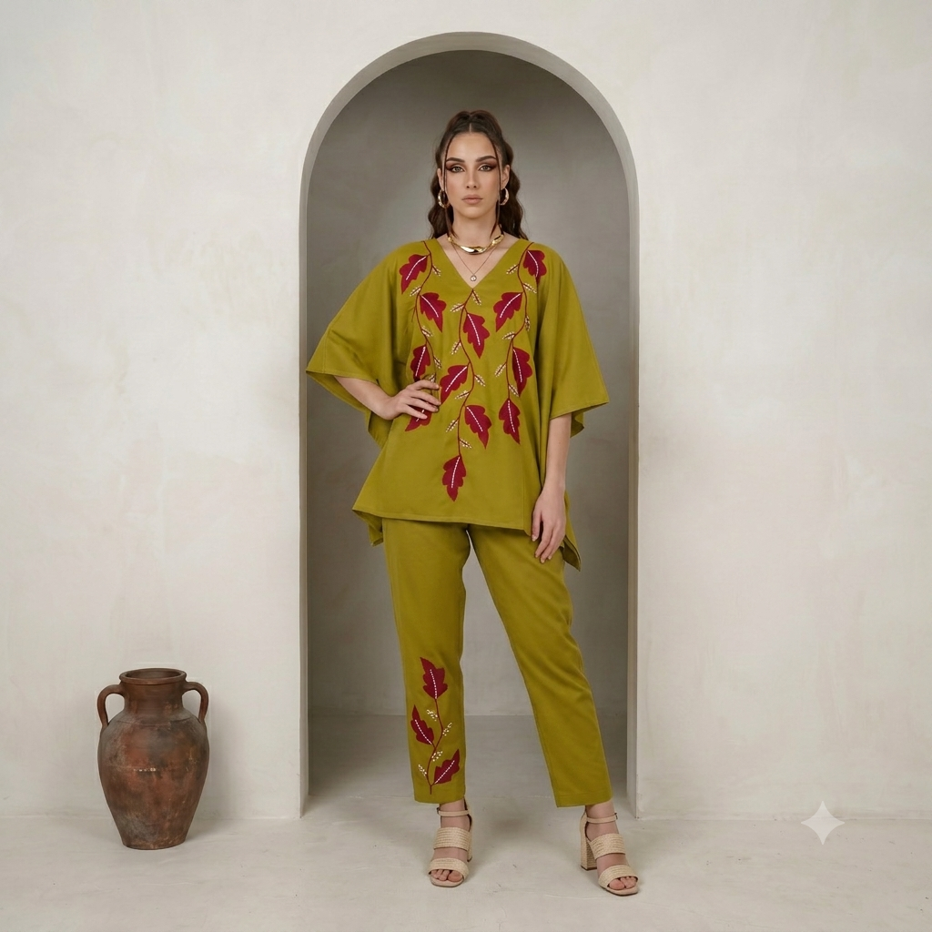 Embroidered Soft Silk Cotton Kaftaan Style Indowestern Cord Set