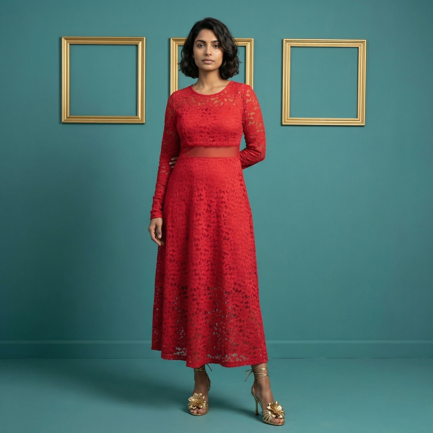 Full length crochet red party wear dress