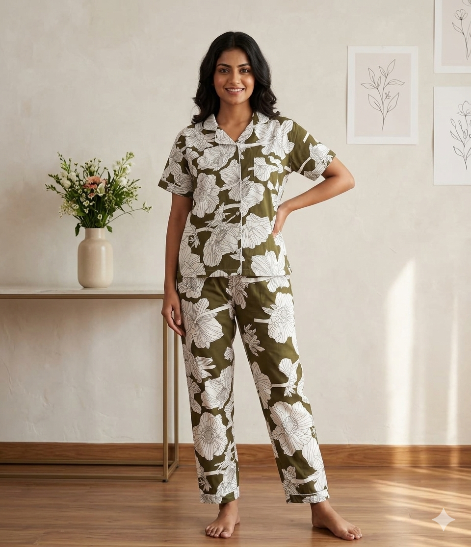 Dark Green Floral PJ Set