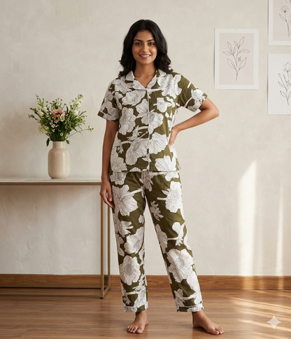 Dark Green Floral PJ Set