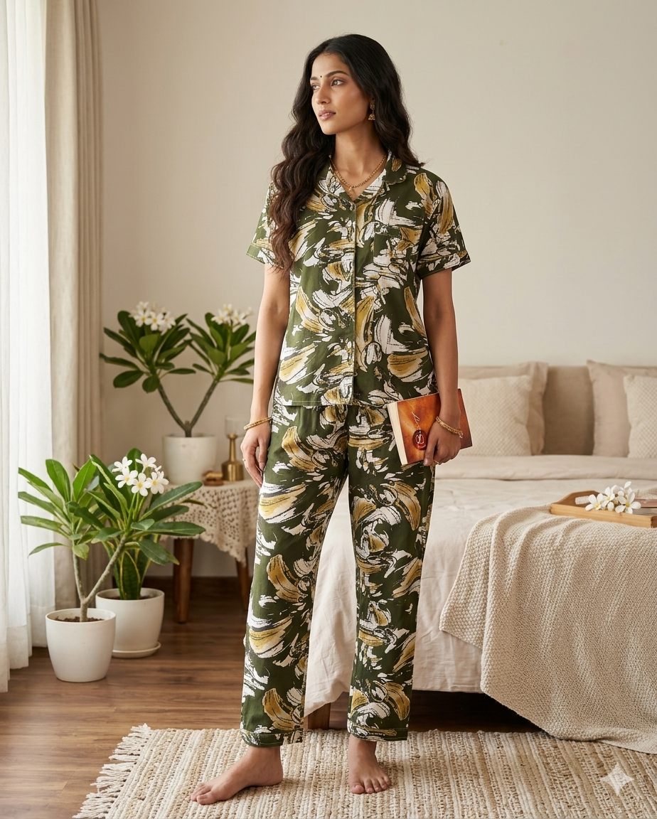 Woman wearing a green floral pajama set in a bedroom.