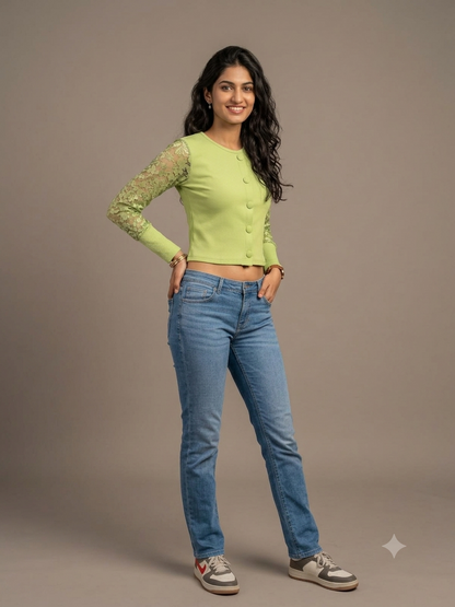 Short top with net sleeves in green colour