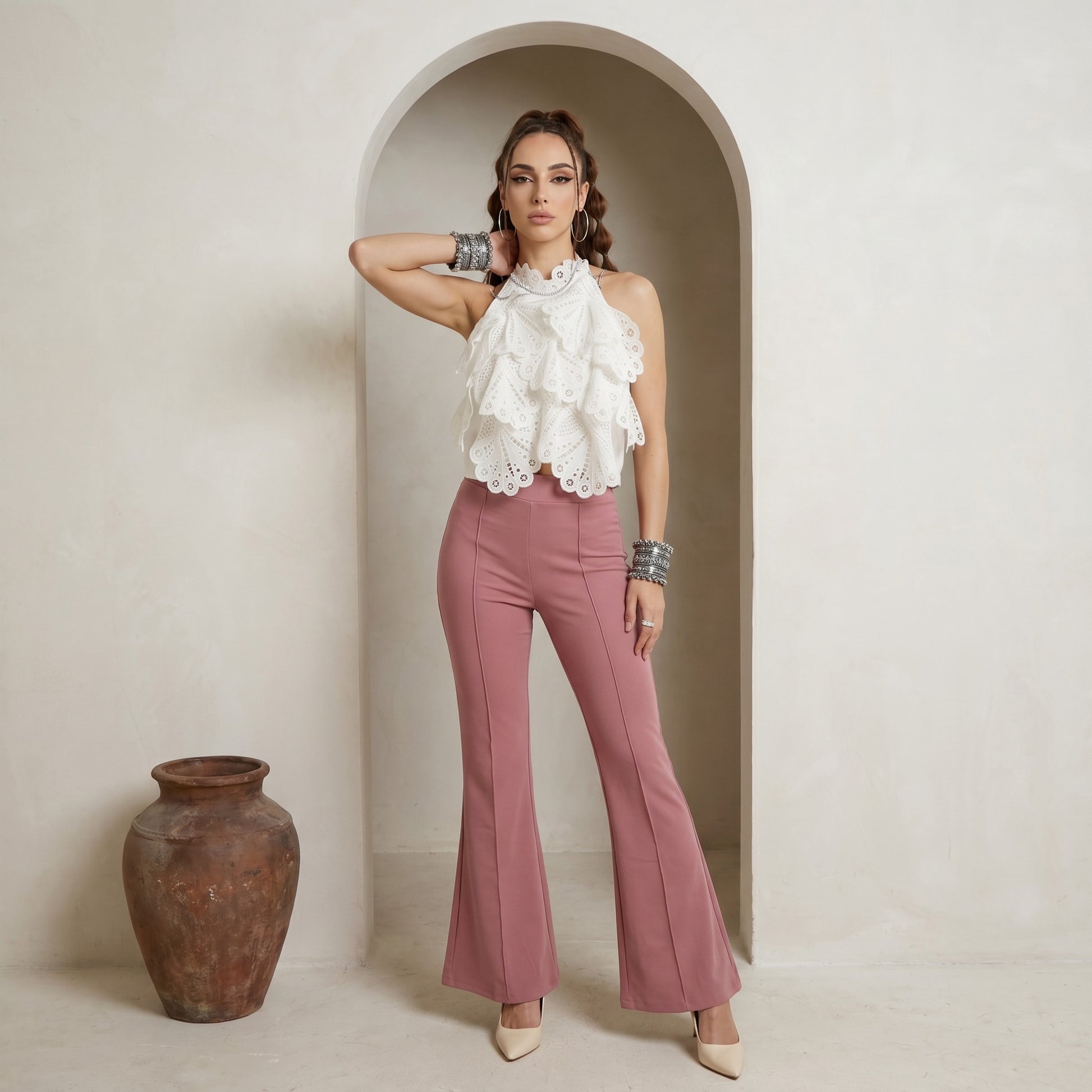 High waist stretchable lycra bell bottom without pockets in Pink