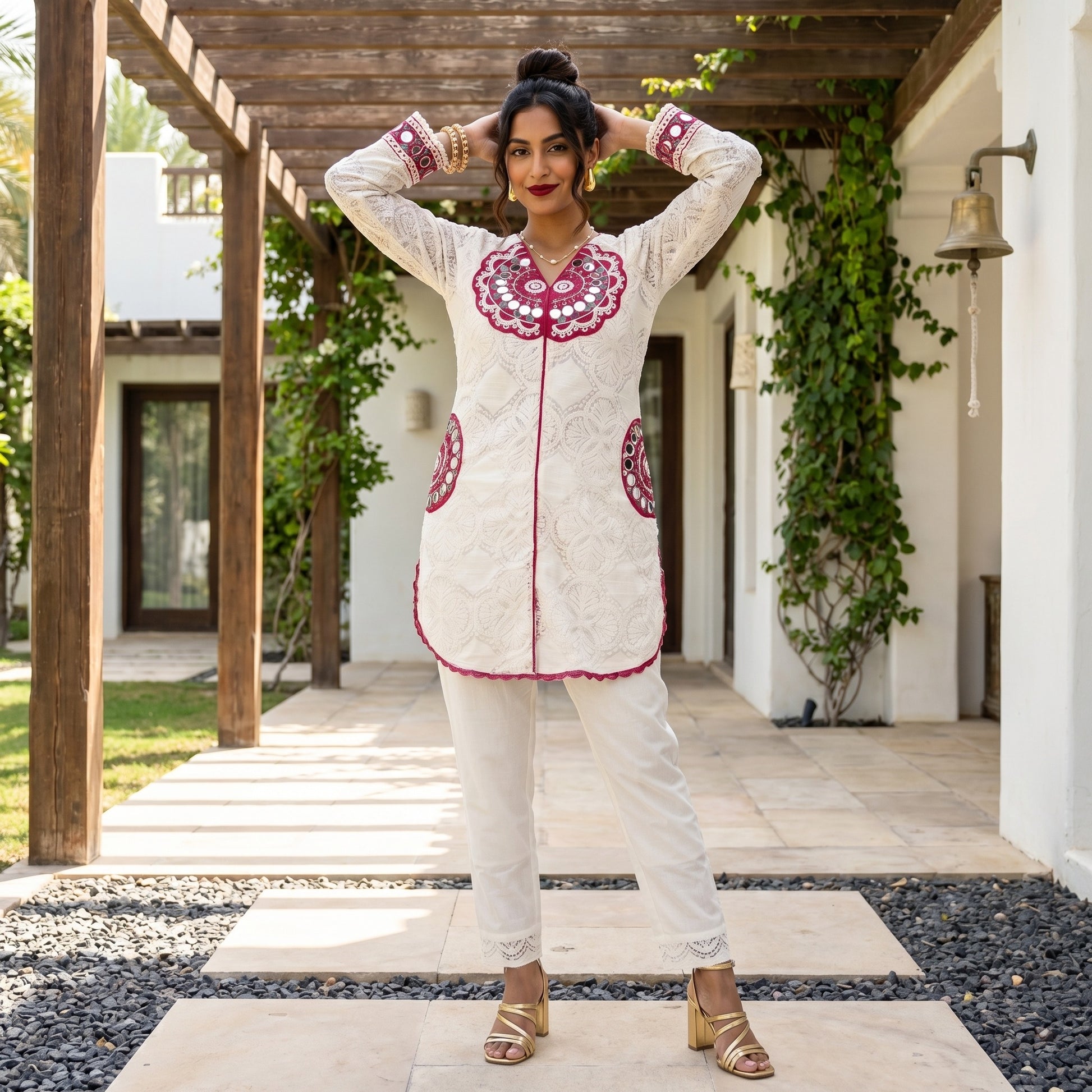 Indo western Mirror work Net cord Set with pants in pink for women 