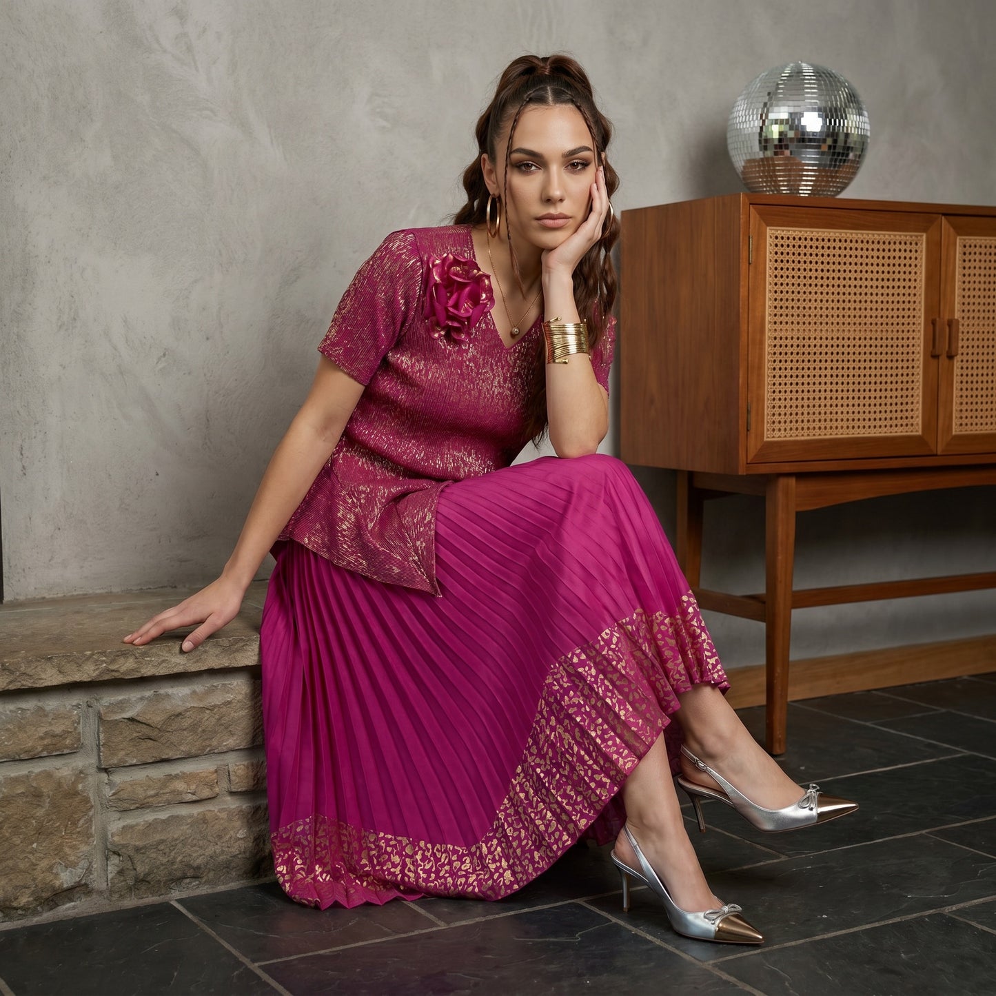 Korean Style Shimmer Strecthable Skirt Set in pink