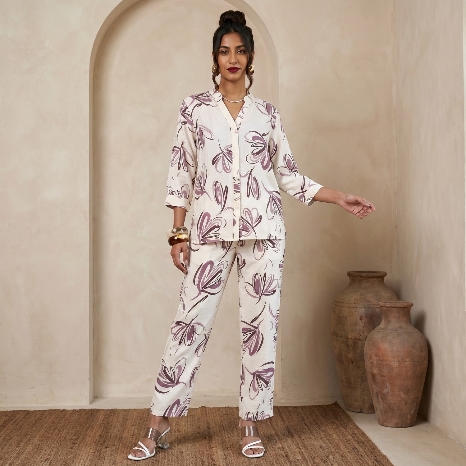 Printed rayon cord set in Pink for women for office wear or casual outings.