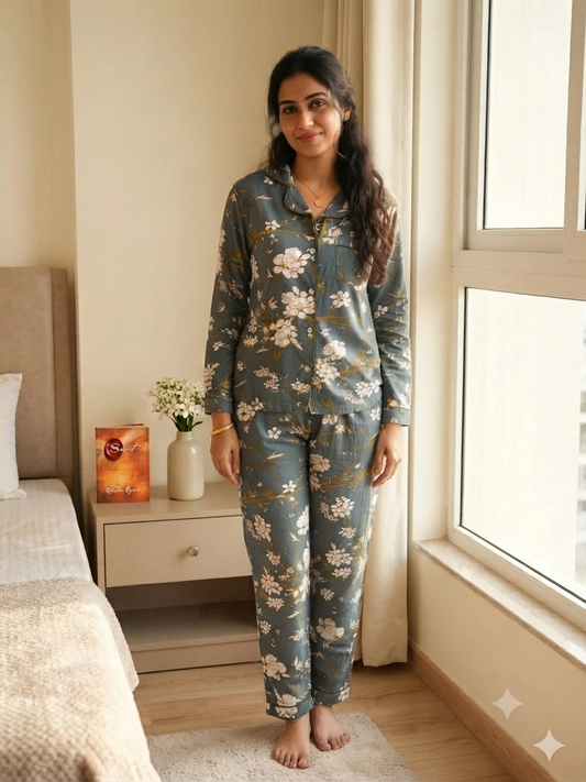 Rayon cotton night suit in gray colour having white floral pattern without pockets for women