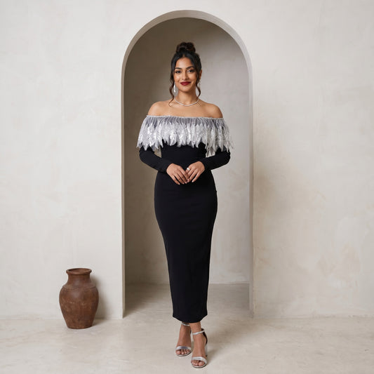 Off Shoulder Black and Silver Bodycon Dress