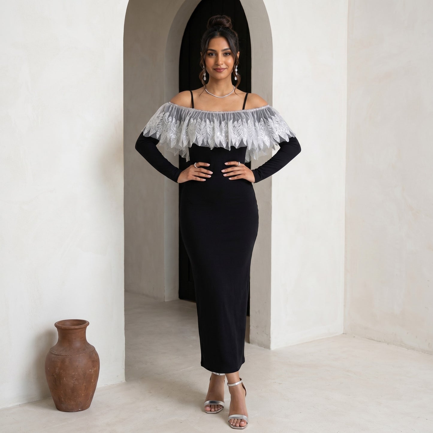 Off Shoulder Black and Silver Bodycon Dress