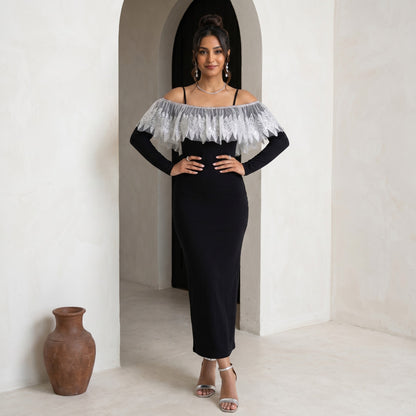 Off Shoulder Black and Silver Bodycon Dress