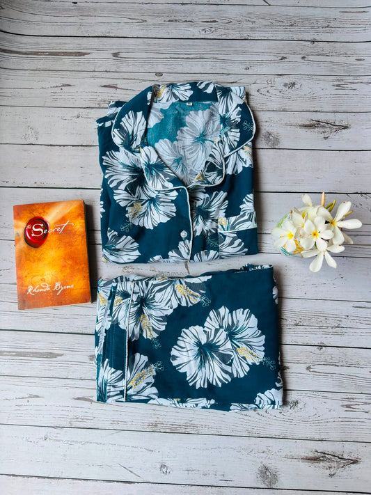 Teal blue  floral PJ set for women without pockets
