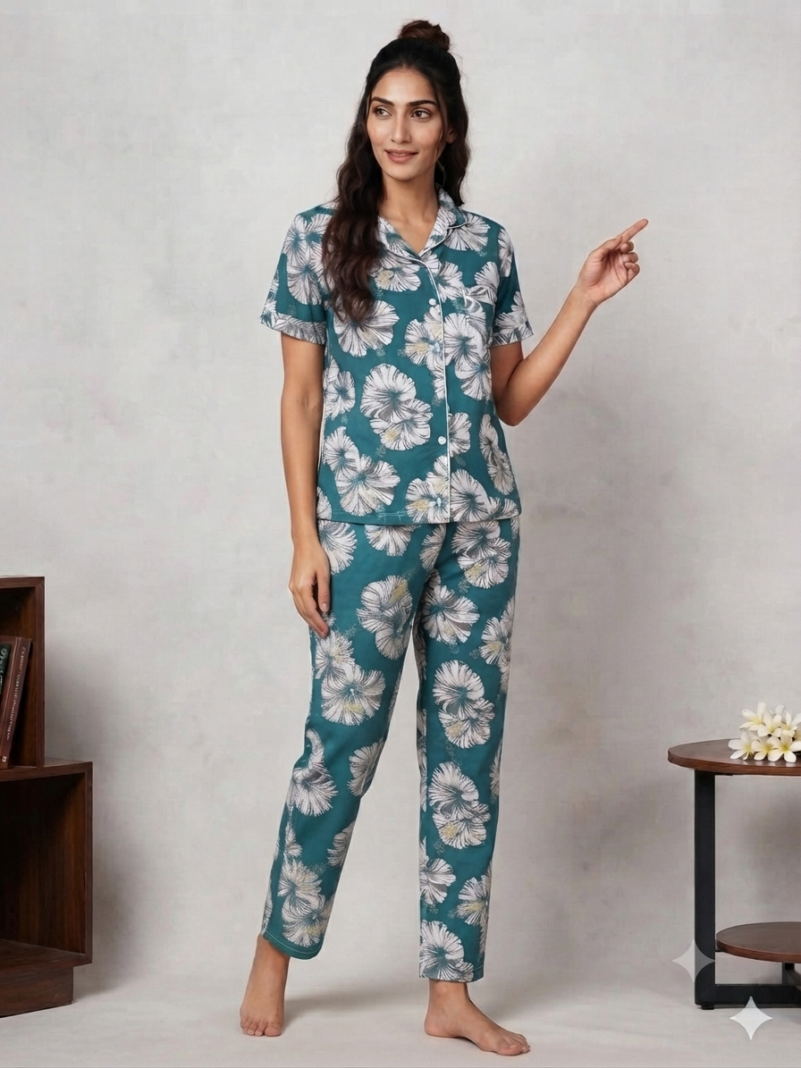 Teal blue  floral PJ set for women