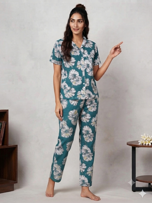Teal blue  floral PJ set for women