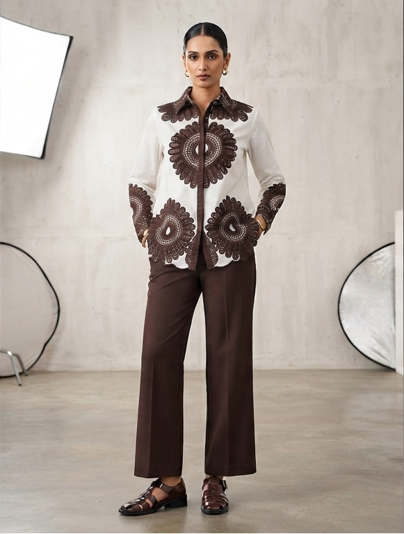 Thread Embroidered Formal Shirt in brown colour