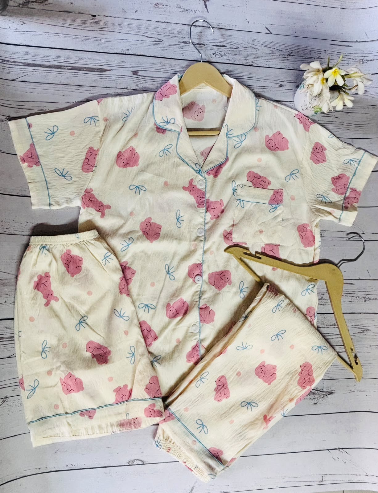 Cream and Pink Teddy 3 Piece PJ set