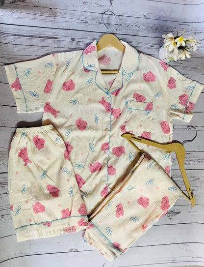 Cream and Pink Teddy 3 Piece PJ set