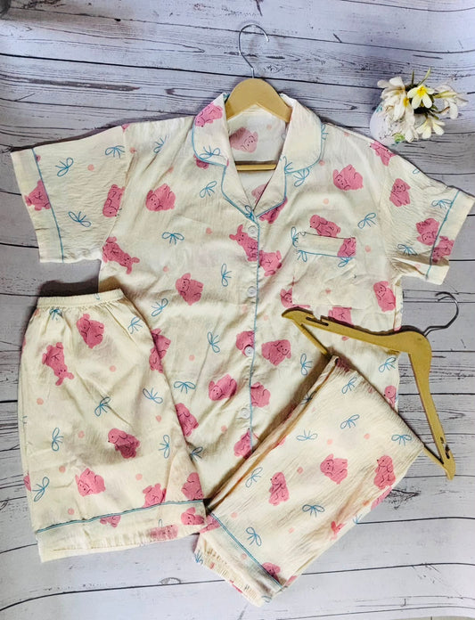 Cream and Pink Teddy 3 Piece PJ set