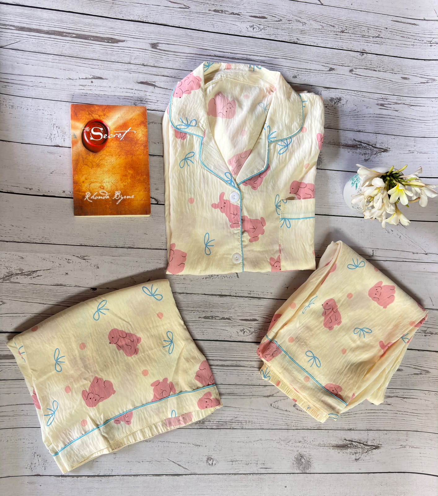 Cream and Pink Teddy 3 Piece PJ set