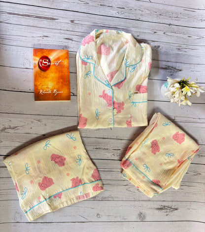 Cream and Pink Teddy 3 Piece PJ set