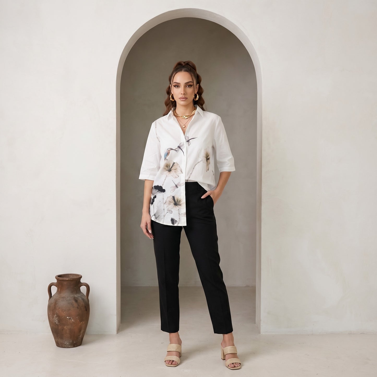 Floral Printed Baggy Shirt with Slim Fit Cotton Denim Rugged Pants